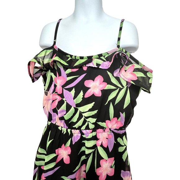 Children’s Place Girls’ Dress M 7/8 Floral Black Pink Hi/Lo Ruffled Cold Shoulde - Picture 10 of 16